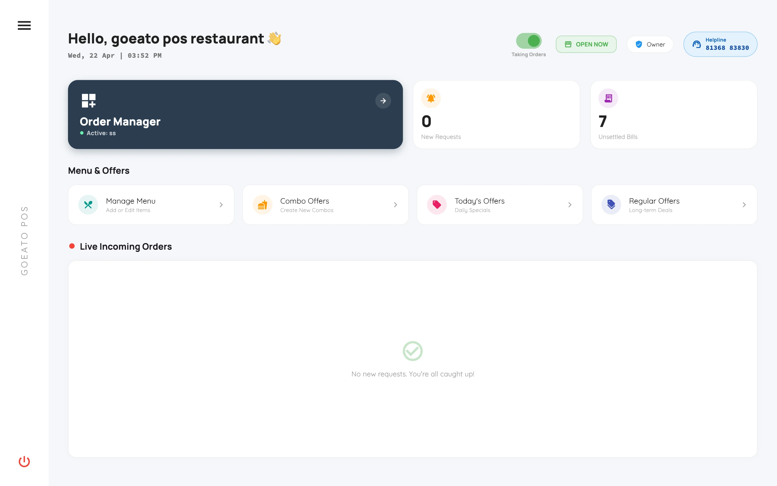Goeato POS restaurant management dashboard — order manager, live KOT, menu and billing in one screen